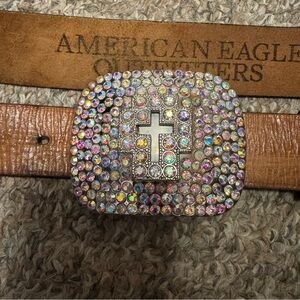 American Eagle Outfitters Brown Leather Belt with Rhinestone Cross Buckle